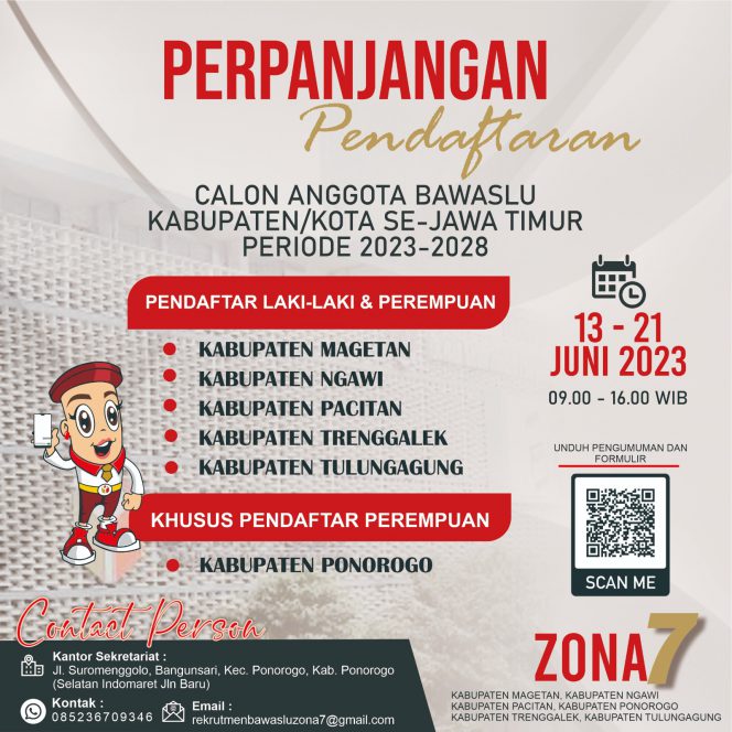 
 Perpanjangan Pendaftaran Anggora Bawaslu Kabupaten / Kota Se-Jawa Timur Zona 7 Periode 2023-2028