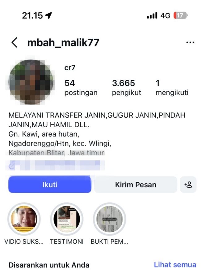 
 Akun Instagram mbah_malik77 Tawarkan Jasa Gugurkan Janin Bikin Resah Warga, Polisi Turun Tangan